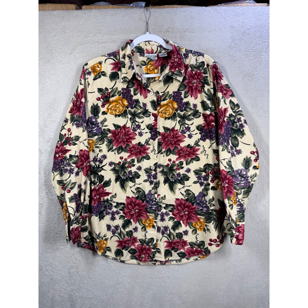 Cabin Creek Corduroy Shirt Women L Cream Floral Fall Cabin Button Down 845-2110